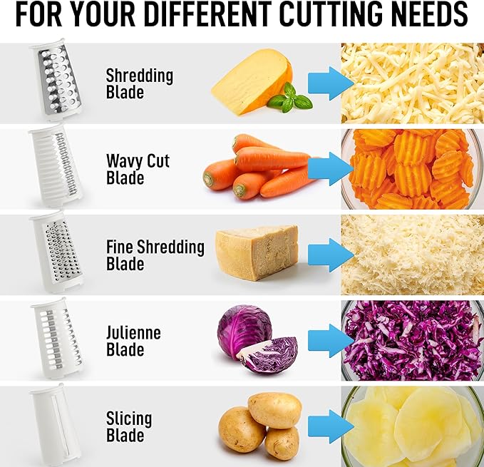 Zulay Kitchen Rotary Cheese Grater 5 Blade Cheese Shredder - Manual Hand Crank Cheese Grater With Reinforced Suction & 5 Interchangeable Drums - Easy to Use, Vegetable Chopper Round Mandoline Slicer