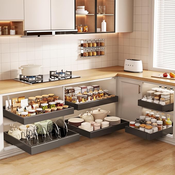 Seinloes 2 Pack Pull out Cabinet Organizer 21"Deep With Raising Pad for Framed Cabinets, Expandable Slide out Drawers for Kitchen Cabinets with 4pcs Divider Racks, Roll out Shelves 12.1"-20.4" W Black