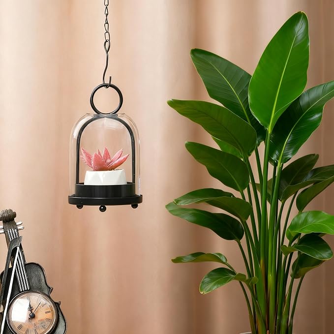 7.5" High Versatile Modern Metal Hurricane Lantern with Handmade Sturdy Glass Dome in Black for 2" Pillar Candle & Plants, for Living Room, Porch, Mantel Decoration (Black, 4" x7.5 for 2" Pillar)