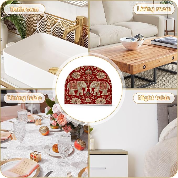 Napkin Holder Acrylic Napkin Holder for Table Kitchen Party Restaurant U Shaped Upright Napkin Dispenser Organizer Red Retro Elephant Flowers