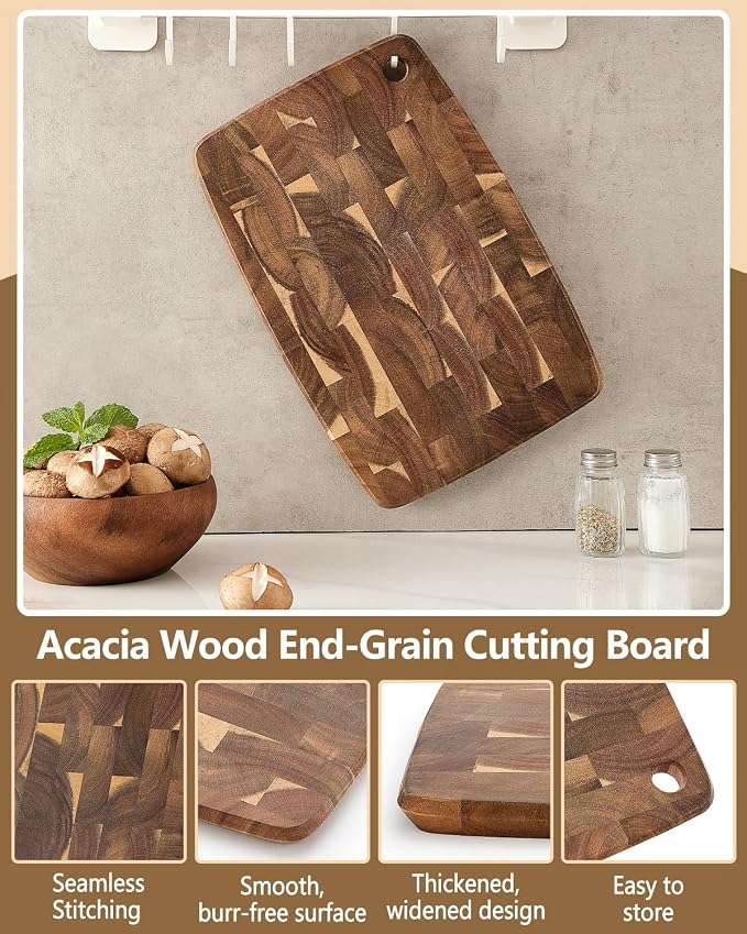 XINZUO Small Acacia Wood End-Grain Kitchen Cutting and Serving Board, for Kitchen, 14" x 9" Reversible Wooden Chopping Board for Meat, Cheese, Fruit & Vegetables,Easy to Clean(Rectangular)
