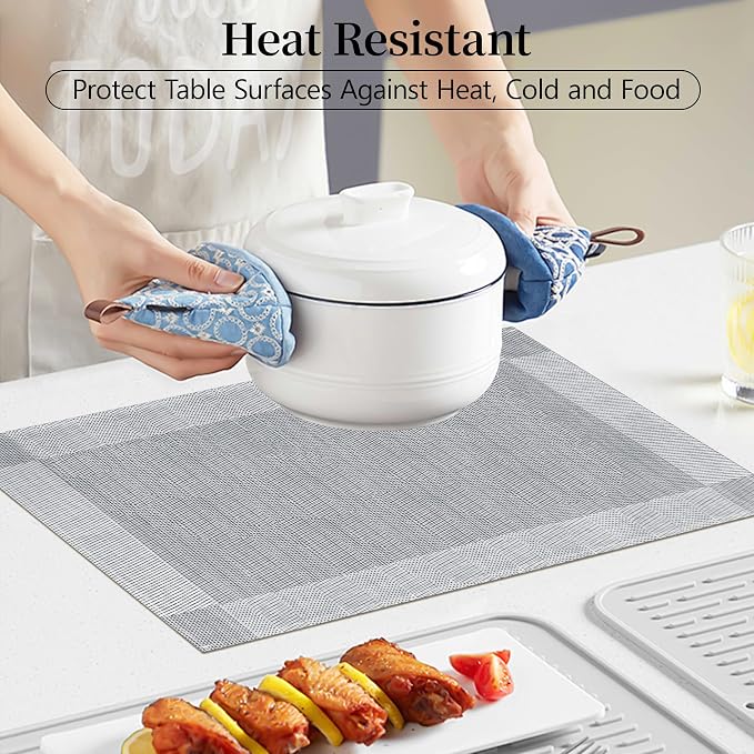 Bloss Placemats Set of 4, Linen Woven Place Mats for Kitchen Table Indoor/Outdoor, 12" x 18" Washable Silver Gray Placemat Dining Table Mats