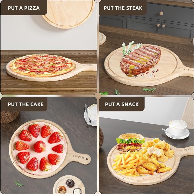 Rubber Wood Cutting Board with Handle, Round Serving Board, Dining Board, Chopping Board for Meat, Cheese Board, Vegetables, Bread, Charcuterie, Large 16"x12"x0.6"
