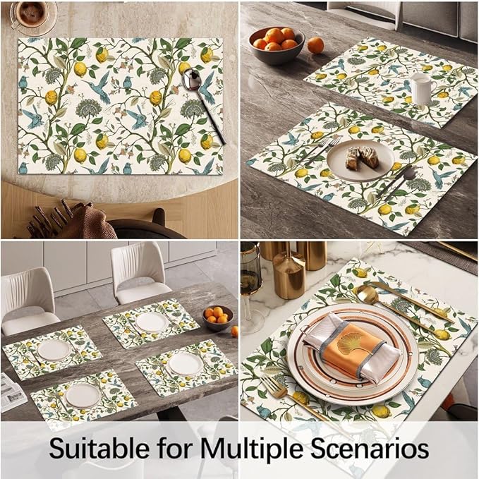 Boho Floral Hummingbird Placemats Set of 4 Vintage William Morris Washable Heat Resistant Place Mats for Dining Table Rustic Lemon Tree Sunflower Print Linen Woven Wipeable Kitchen Table Mat