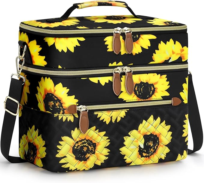 Capolo Lunch Box for Women Men Adults,Double Deck Insulated Lunch Bag Leakproof Lunch Cooler Box with Removable Strap Lunch Tote Bags Reusable Thermal Lunchbox for Work Picnic(Large,Sunflower)