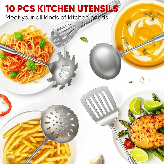 Newness 12 Pcs Cooking Utensils Set, 304 Stainless Steel Kitchen Utensils Set, Metal Kitchen Accessories, Include Soup Ladle, Slotted Skimmer Spoon, Spaghetti Spoon and Spatula, Dishwasher Safe