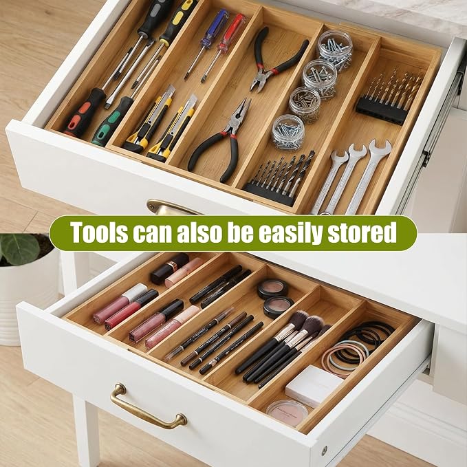 Bamboo Expandable Kitchen Drawer Organizer, 13.4" to 20.5" Adjustable Flatware Tray for Utensils, Kitchen Tool Drawer Divided Organizers, Bamboo Silverware Organizer, Cutlery Tray