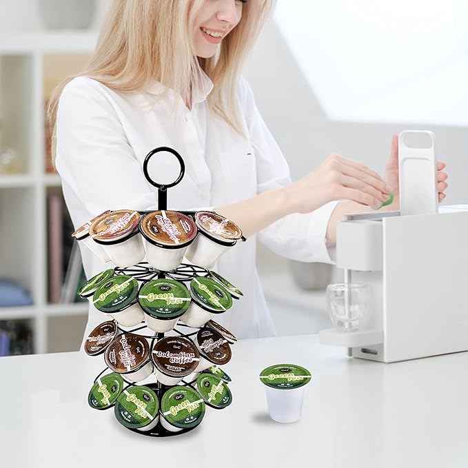 ROWISE K-Cup Pod Carousel Holder and Organizer for 36 Pods - Spins 360 Degrees, Detachable, Modern Metal Design in Black for Home and Office Counters
