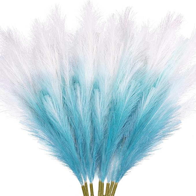 TORONTOKYO 8Pcs Blue Faux Pampas Grass Tall Decor, 35.4” Fluffy Artificial Pompous Grass Branches, Large Pampas Grass Reed Stems for Floor Vase Filler, Wedding, Baby Shower, Home Boho Decor