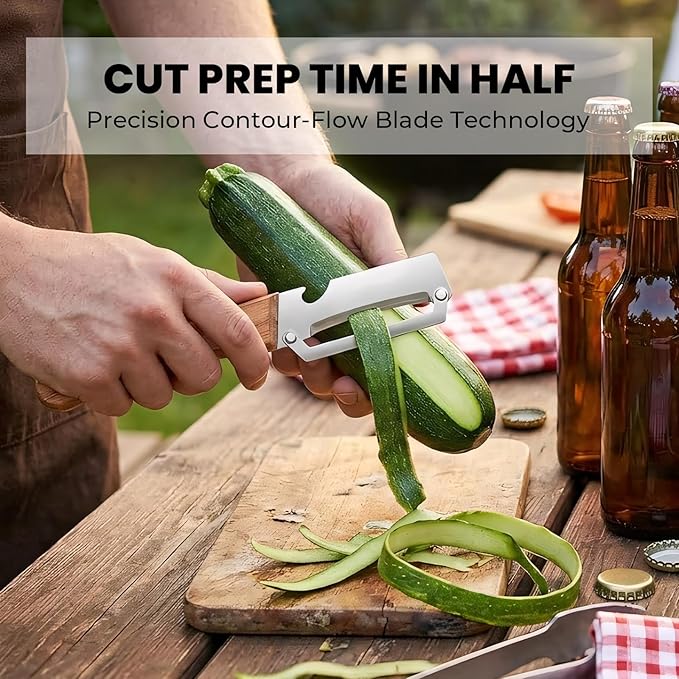 Sakerplus Multifunctional Vegetable Peeler, Ergonomic Wooden Handle Stainless Steel Blade, Contour-Flow for Kitchen Prep, Camping, and Outdoor Cooking (5 pc)