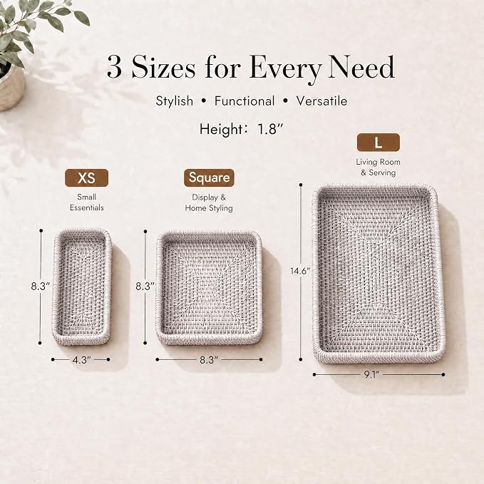 Rattan Serving Tray, Rectangular Woven Tray, Natural Wicker Decorative Serving Baskets for Organizing Tabletop Bathroom Kitchen Counter (White)
