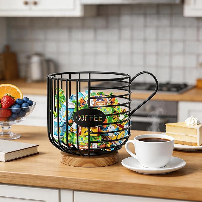 Coffee Pod Holder, 45+ Large Capacity Wire K Cup Storage Organizer with Solid Wood Base, Anti-Slip Coffee Capsule Holder for Kitchen Bar Counter, Compatible with K-Cups/Nespresso Espresso Capsules