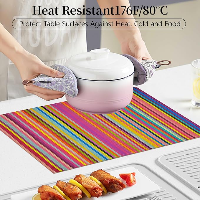 Bloss Mexican Placemats Set of 6, Linen Woven Rainbow Place Mats for Kitchen Table Indoor/Outdoor, 12" x 18" Washable Placemat Dining Table Mats