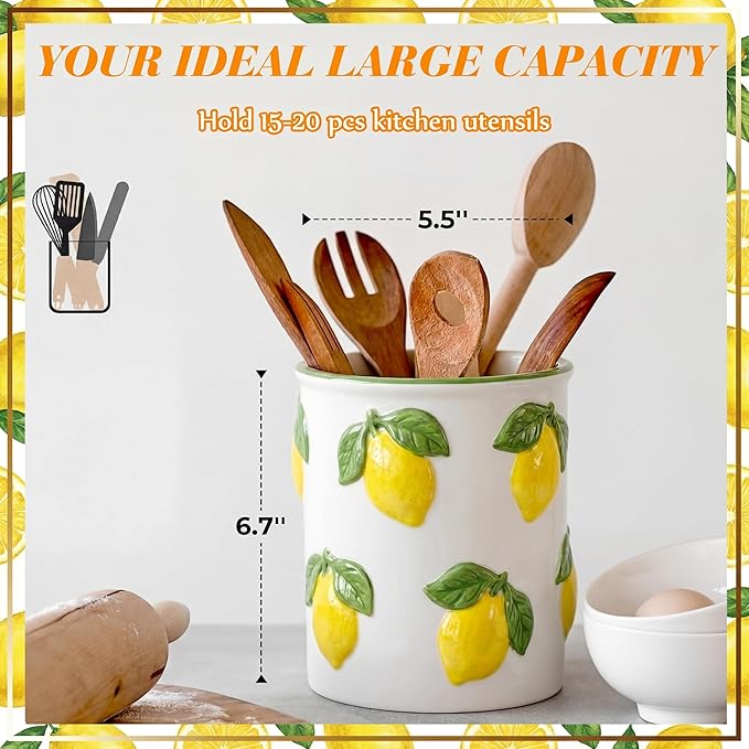 LemonRoad Lemon Utensil Holder for Kitchen Counter,Ceramic Cooking Utensil Crock Modern Farmhouse Countertop Organizer for Spatula Ladle Kitchen Counter Decor