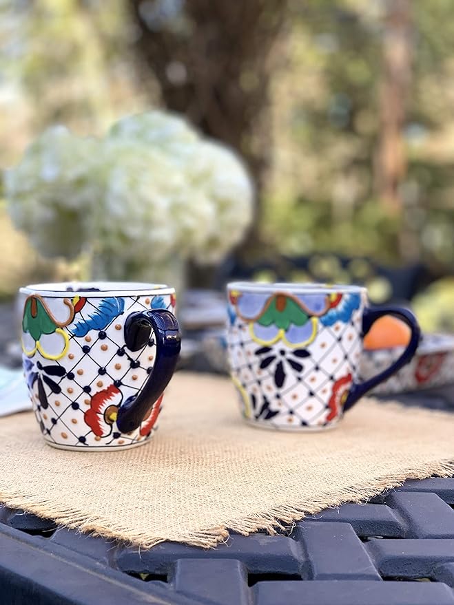 Global Crafts Mexican Pottery Mugs - Handmade Ceramic Mug - Hand-Painted Dots & Flowers Design