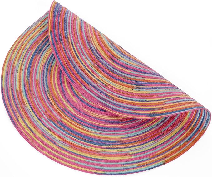 SHACOS 15 inch Round Placemats Set of 6 Variegated Multicolor Place Mats Cotton Polyester Braided Non Slip Washable Heat Resistant Table Mats for Home Wedding Dinner Party Table Decor, Rainbow Pink