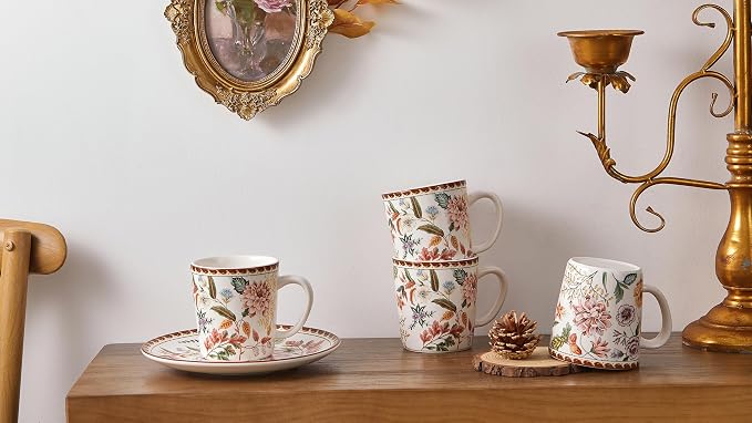 Bico Blooming Moment Ceramic Coffee Mugs Set of 4, 18 oz Large Tea Cups with Handle, Aesthetic Latte Mugs for Cappuccino Cocoa, Lead-Free, Dishwasher and Microwave Safe, Housewarming Gift