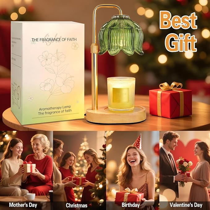 Candle Warmer Lamp with Timer Dimmer, Adjustable Height Candle Wax Warmer, Christmas Birthday Gift for Mom Women,House Warming Gifts for New Home Bedroom Decor,(Lotus Flower-Green)
