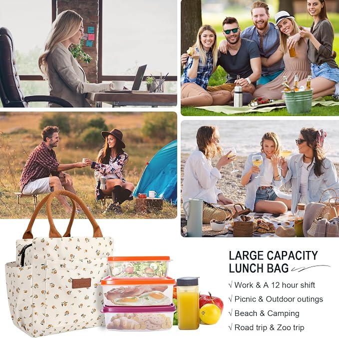 Joymee Insulated Lunch Box for Women Lunch Bag - Yellow Little Floral | Spacious Storage, Bottle Holder & Pockets, Leakproof Insulated, for Work, Travel, Picnic, Daily Use, for Adult