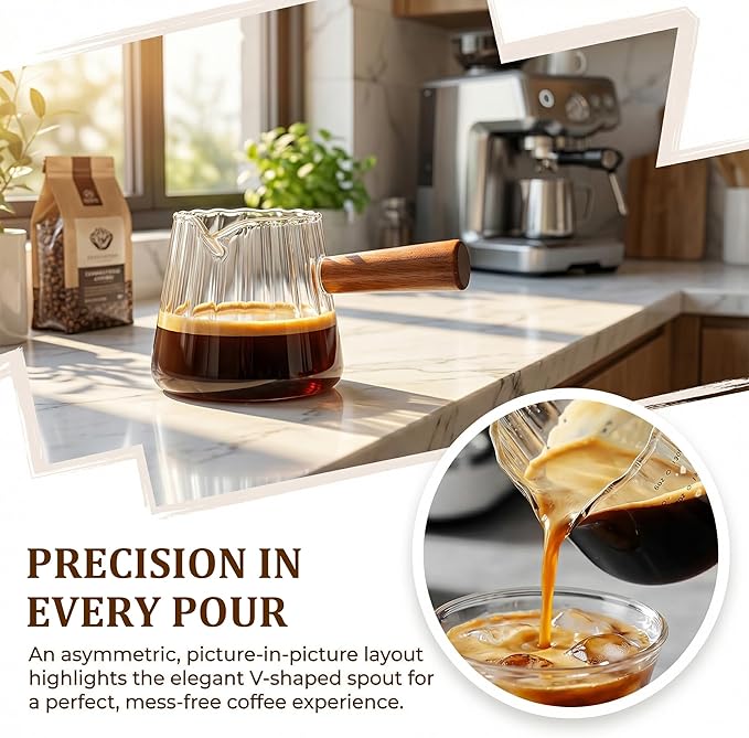 6 Oz Espresso Measuring Cup, Borosilicate Glass Espresso Shot Cup with Wood Handle, Clear Scale and V-Shaped Spout for Coffee, Milk Frothing, Syrup and Tea