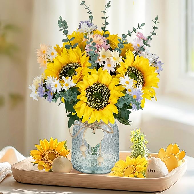 BLOSMON Sunflower Fake Flowers in Vase: Sunflowers Artificial Flowers with Vase for Table Centerpieces Decor - Silk Flower Bouquet Faux Arrangements Kitchen Bathroom Wedding Party Decoration