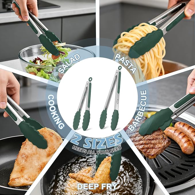 TACGEA Stainless Steel Kitchen Tongs with Silicone Tips, Locking Grilling Food Tongs, 9" and 12", Set of 2 Dark Green