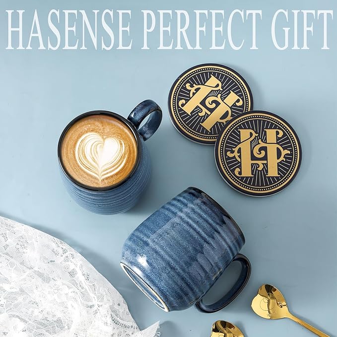 HASENSE Coffee Mugs Set of 2, 12oz Ceramic Glazed Mugs with Handles, Blue Reactive Glazes Tea Cups Gift Set for Men and Women, Includes Gold Spoon & Coaster