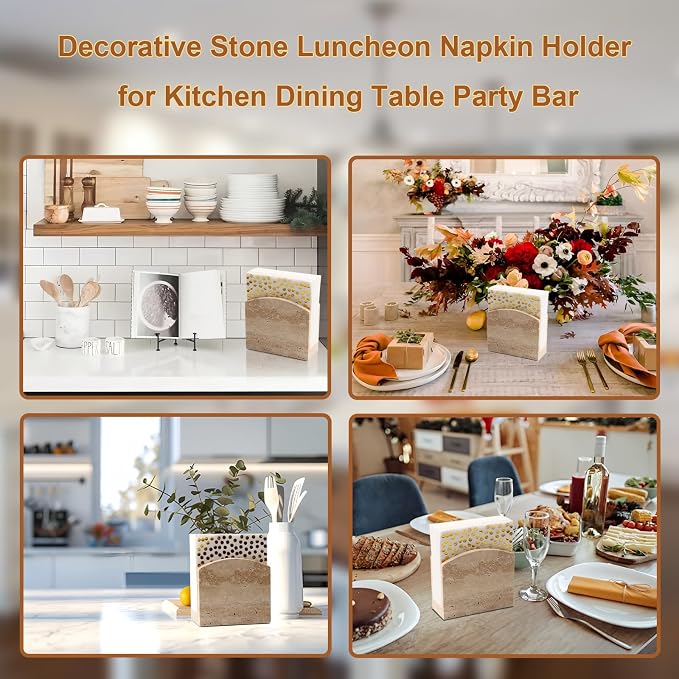 Travertine Stone Napkin Holder,Standing Napkin Holders Fit for 6.5”x6.5” Luncheon-Sized Napkins,Stone Napkin Holder for Table Kitchen Counter Dining Room Party Bar Decor,Beige