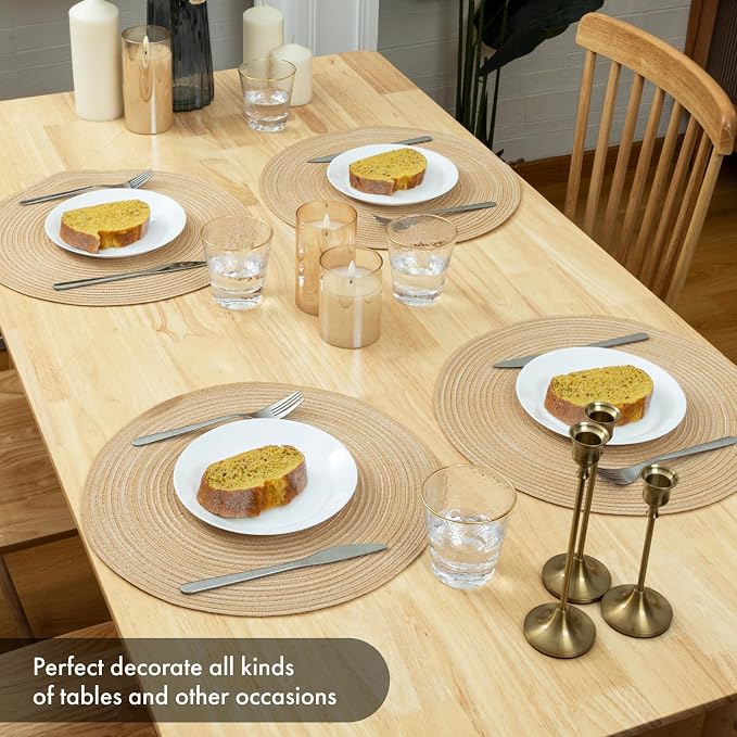 Winknowl Round Braided Placemats Set of 6 Washable Woven Heat Resistant Table Mats for Kitchen Dining Tables 15 inch Round Place Mats (Beige,6)