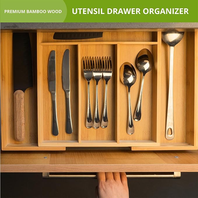 Premium Bamboo Kitchen Drawer Organizer, Perfect for Storing Cutlery, Silverware, and Gadgets, Suitable for Kitchens, Living Rooms, and Bedrooms, 5-7 Compartments, 13 to 19.6 Inches Wide