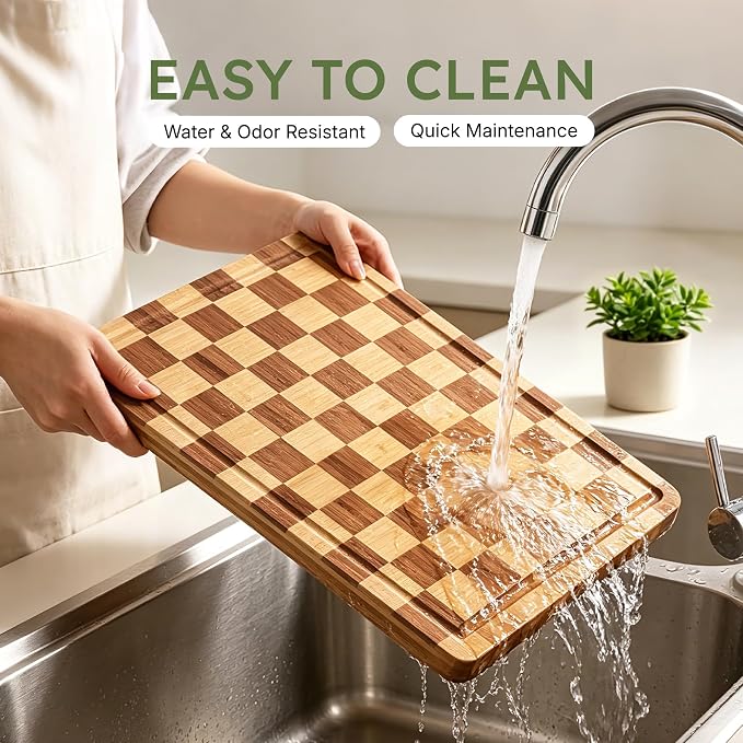 24”Extra Large Bamboo Cutting Boards for Kitchen Wooden Checkered Cutting Board Heavy Duty Butcher Block Healthy End Grain Charcuterie Board Non Slip XXXL Wood Over Sink Decorative Chopping Board