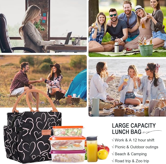 Joymee Insulated Lunch Box With Adjustable Strap Lunch Tote Bag -Love Heart | Spacious Storage, Bottle Holder & Pockets, Leakproof Insulated, for Work, Travel, Picnic, Daily Use, for Adult