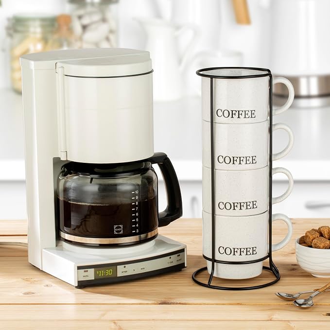 Signature Housewares Stackable Coffee Mug Tower Set with Metal Wire Rack - 15 Ounce for Tea, Cocoa, Milk, Cappuccino, Hot Chocolate Set of 4 - White Coffee (Pack of 4)