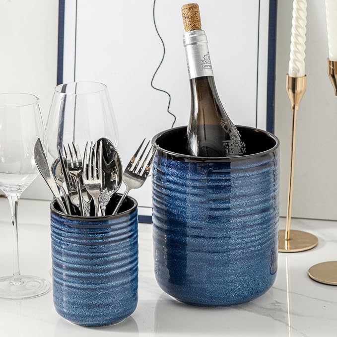 Hasense Ceramic Utensil Holder for Kitchen Counter, 7.4"+5.5" Caddy Set of 2, Large Cooking Holder for Countertop, Crock for Farmhouse Decor, Blue