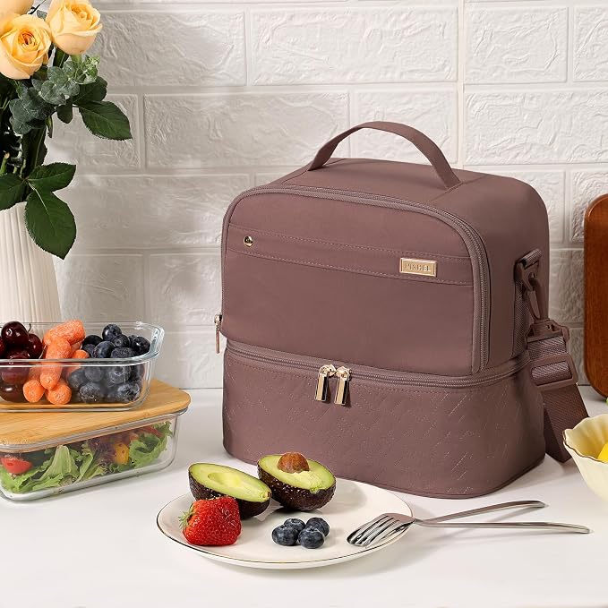 NISHEL Lunch Bag for Women, lunch box with Insulated Compartment and strap | Double-layer lunch bag with insulated compartments for meals, snacks and drinks, ideal for work and daily use, Rosewood-Pink