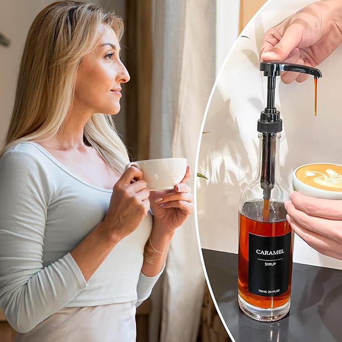 HCYWOC Coffee Syrup Dispenser, 25.4oz 750ml Glass Syrup Bottles, 2 Pack Syrup Dispenser for Coffee Bar With Large Leakproof Syrup Pump, 38 Labels