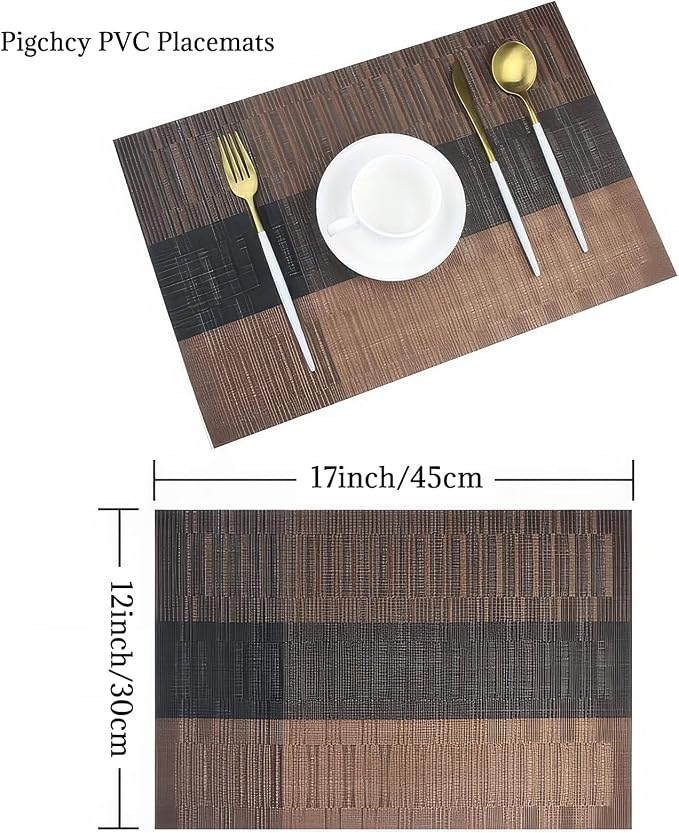 Wipeable PVC Vinyl Woven Table Placemat,Set of 6,Heat-Resistant Dining Mats for Kitchen, Indoor Outdoor Use,12×17 Inch,Coffee Gradient