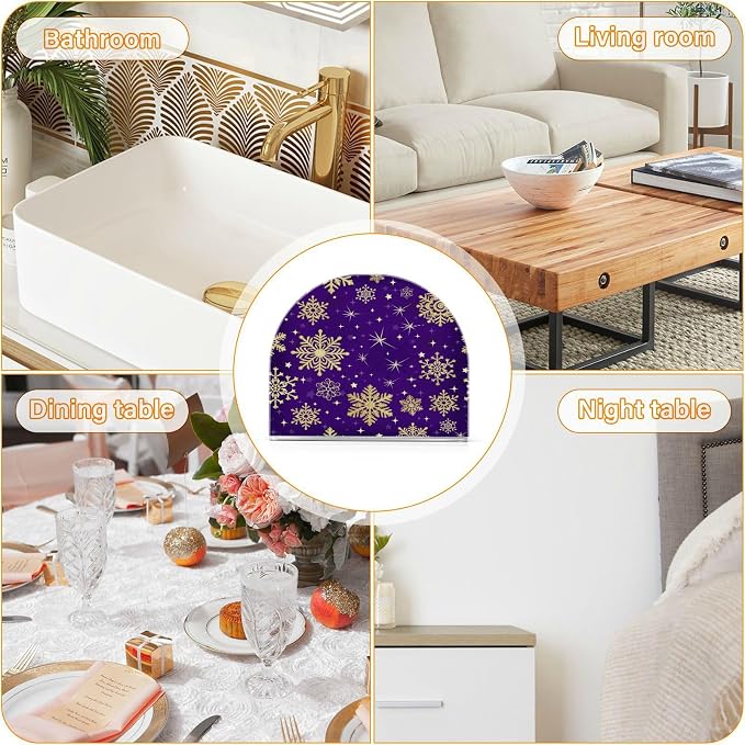 Winter Violet Purple Gold Snowflakes Christmas Napkin Holder for Tables Paper Cocktail Napkin Holders for Kitchen Dinning, Acrylic Dinner Napkin Dispenser for Restaurant Home Decor Bar Accessories