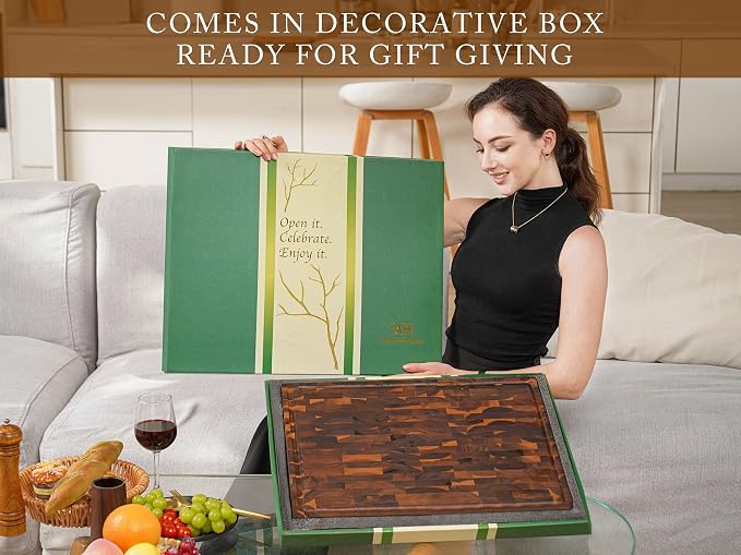 AZRHOM Extra Large Thick Walnut Wood End Grain Cutting Board 20x15x2 In, Wooden Butcher Block, Chopping Board For Kitchen with Juice Groove Handles Non-Slip Pats (Gift Box)
