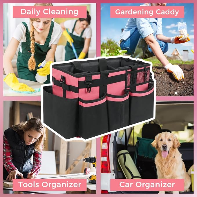 SCAVATA Wearable Cleaning Caddy, Cleaning Caddy Supplies Organizer with Handle & Shoulder Straps for Housekeepers, Under Sink & Car Cleaning Tool Organizers Bag with 4 Foldable Divider (OleanderRed)