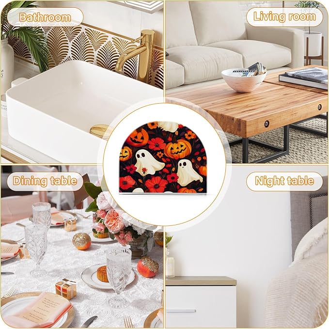 Napkin Holder Acrylic Napkin Holder for Table Kitchen Party Restaurant U Shaped Upright Napkin Dispenser Organizer Halloween Ghost Pumpkin and Poppy