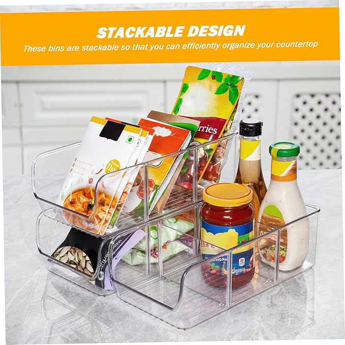 Snack Containers for Pantry, 2PCS 11x5.5x3.5 Snack Storage with Removable Dividers, Clear Plastic Bin, Stackable Organizer for Office, Fridge, Cabinet, Kitchen Containers