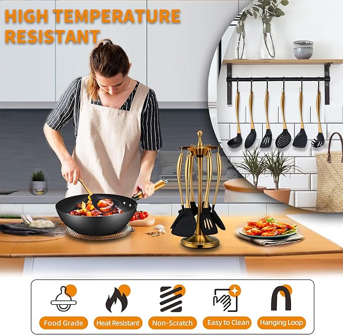 Kitchen Utensils Set, Large Non-stick Silicone Cooking Utensils Set 6 Pcs,Made of 446°F Heat Resistant Food Grade Silicone and Stainless Steel Handles,Easy to Clean Kitchen Gadgets Set (Gold)