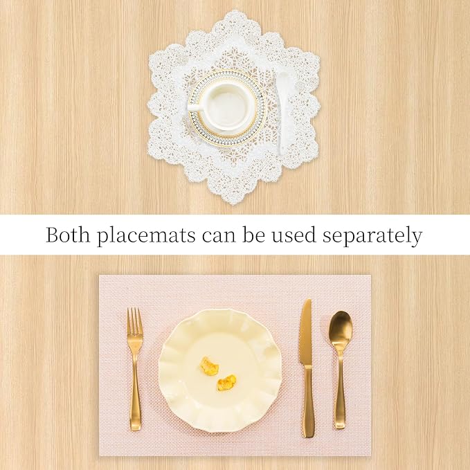 BACKTOEDEN Placemats Set of 6 Heat Resistant Washable Wipeable Placemat Woven Non-Slip Foldable Vinyl/Plastic Place Mats Indoor/Outdoor Mat Kitchen Dining Table Pad, White Snowflake & Pink