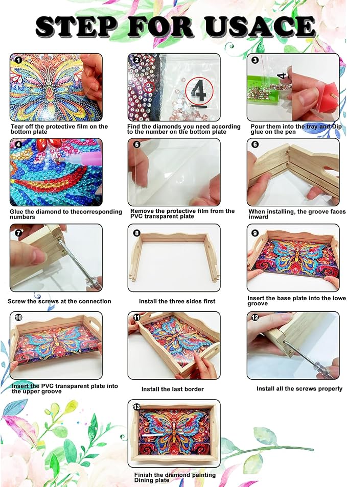 Generic DIY Diamond Serving Tray Rectangular Upgrade Increase Breakfast Tray with Handles Handmade Diamond Art Painting Wooden Tray Dinner Plate for Coffee Living Room Home Organizer-Mandala03