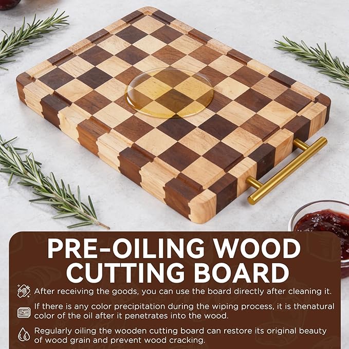 Checkered Cutting Board for Kitchen – 13.7"x9.8"x1.18" Rubber Wood Butcher Block with Juice Groove & Steel Handle, Heavy Duty Non-Slip Chopping Board for Charcuterie, Housewarming Gift