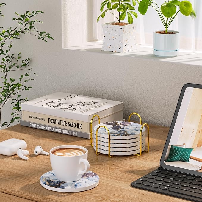 6Pcs/Set Marble Abstract Ceramic Coasters with Holder, Absorbent Drink Coasters, Coffee Cup Coaster,Round Ceramic Table Coasters Set Decorative