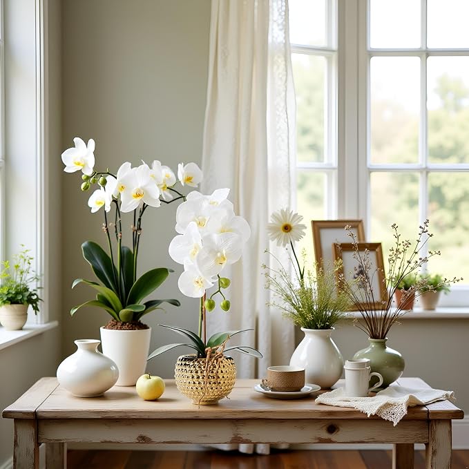 Orchids Artificial Flowers, 15" Faux Orchid in Gold Flower Pot Real Touch Flowers in Pot Large Flower Arrangements Artificial Centerpiece for Home Living Room Bathroom Kitchen Decoration (White)