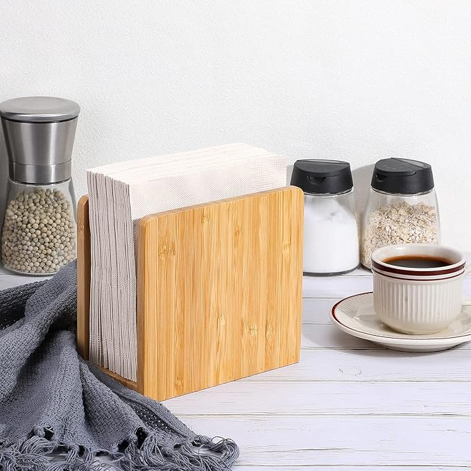 MaxGear Bamboo Napkin Holder for Tables, Wooden Freestanding Tabletop Tissue Dispenser for Kitchen, Dining Room, Party, Outdoor, Holds 5.5x5.5 or Larger Napkins for Home, Restaurant, Hotel, 1 Pack