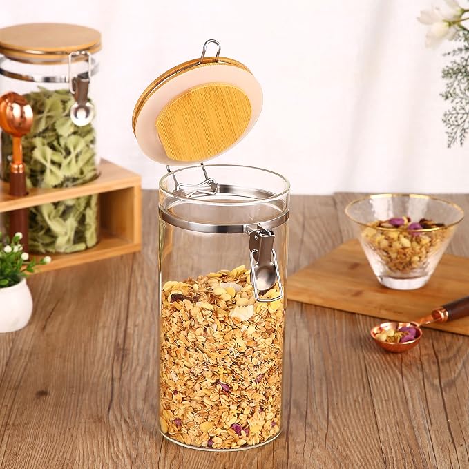 Glass Coffee Storage Container with Bamboo Shelf, 3PCS 49oz Airtight Sealed Coffee Bean Jar with Clamp Lid & Measuring Spoon, Kitchen Pantry Canister Set for Ground Coffee Sugar Tea Flour